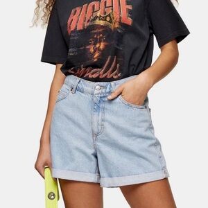 Topshop High Rise Mom Jean Shorts Roll Hem Light Wash